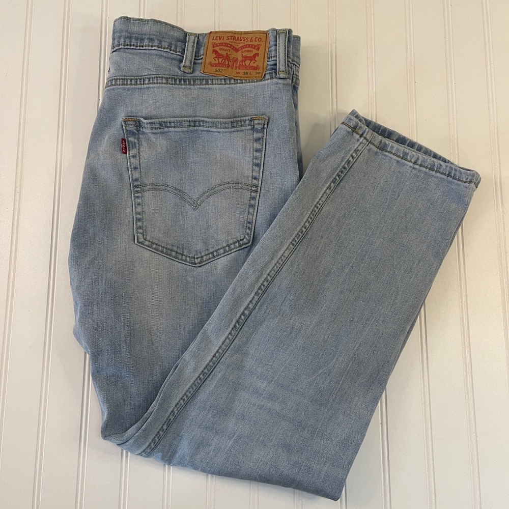 Levis 502 Regular Taper Jeans Mens 38x30 Light Wash Blue Denim Stretch